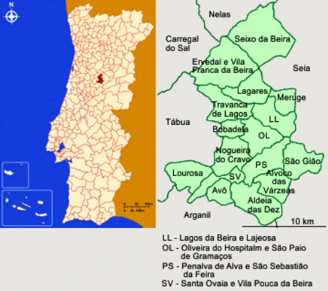 Mapa da localização e freguesias do Concelho de Oliveira do Hospital